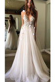 Spaghetti Straps Deep V-Neck Backless Tulle Prom Dress with Flowers Beach Wedding Gowns W1118