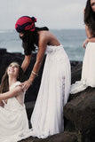 Stunning Backless White Lace Boho Spaghetti Straps Chiffon Beach Wedding Dress with Lace Lining PM804