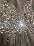 Shiny A-line V-Neck Beading Long Prom Dress Evening Gowns With High Slit