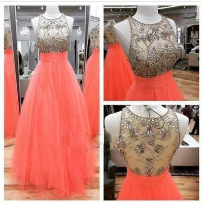 Scoop Tulle Sheer Back Coral Beads High Neck Sleeveless Long Prom Dress