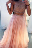 Charming A Line Beading Two Pieces Long High Neck Tulle Floor-Length Prom Dresses PM216