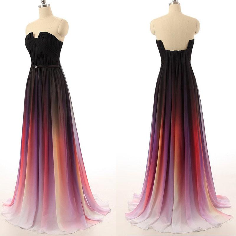 A-Line Strapless Ombre Chiffon Sleeveless Prom Dresses