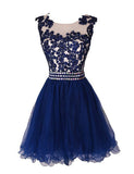 Navy Blue Lace Waist Beads Mini Length Prom Dress