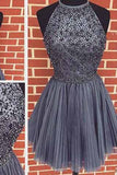 Sexy Backless Open Back Beaded Tulle Gray Short Prom Dress