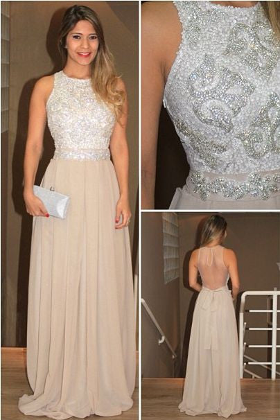 Champagne Long Prom Dresses Charming Sparkle Backless Prom Dresses