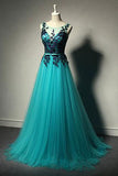A Line Sleeveless Appliques Tulle Evening Gown