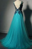 A Line Sleeveless Appliques Tulle Evening Gown