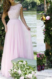 Pink Lace Bodice Modest Long Evening Gowns Prom Dress