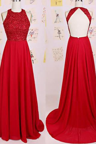 Charming O-Neck Beading A Line Red Floor-Length Chiffon Backless Prom Dresses PM129