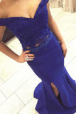 Two Piece Off the Shoulder Sweetheart Mermaid Side Split Long Royal Blue Prom Dress PM150