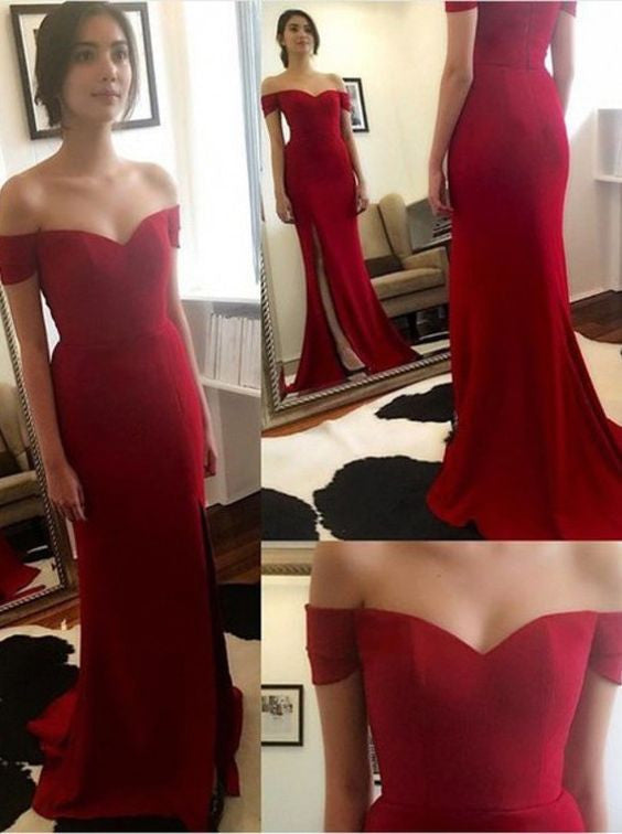 Charming Off the Shoulder Red Sweetheart Slit Prom Dress