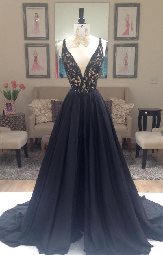 Elegant A Line Deep V-Neck Lace Chiffon Black Prom Dresses