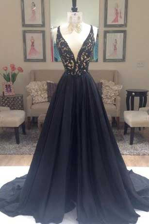Elegant A Line Deep V-Neck Lace Chiffon Black Prom Dresses