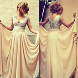 Champagne Chiffon Off the Shoulder V-Neck Sequin Beads Long Prom Dress
