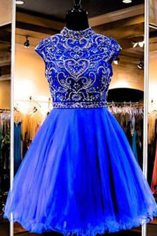 Royal Blue Short Tulle Fitted Beading Prom Dress