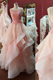A Line Pink Sleeveless Lace Appliques Backless Prom Dess