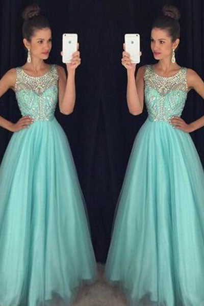 A Line Light Blue Open Back Sleeveless Crystal Long Prom Dress