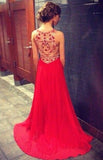 Gorgeous Red High Neck Sleeveless Beaded Chiffon Long Prom Dresses