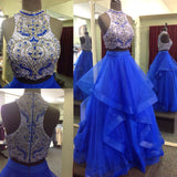 Royal Blue Two Piece Beaded Bodice Tulle Skirt Ball Gown Halter Sleeveless Prom Dresses uk PM224