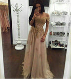 Off the Shoulder Gold Appliques Tulle Long Prom Dresses