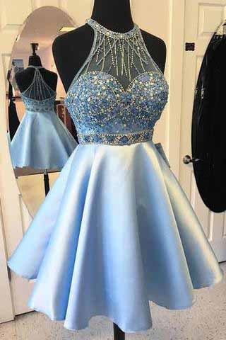 Elegant Light Blue A-line Sleeveless Satin Short Prom Dress