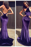 Luxury Purple Satins Halter Slim Mermaid Long Evening Dress Backless Dress