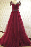 Charming A Line Tulle Beading Prom Dresses
