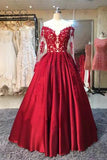 Sweetheart A Line Long Sleeves Lace Burgundy Cheap Prom Dress