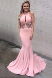 Pink Mermaid Round Neck Appliques Sweep Train Prom Dress