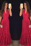 Hot Sexy V-Neck Red Prom Dress Lace Long Formal Dress PM425