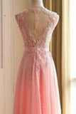 Charming A Line Appliques Pink Sleeveless Scoop Long Prom Dress