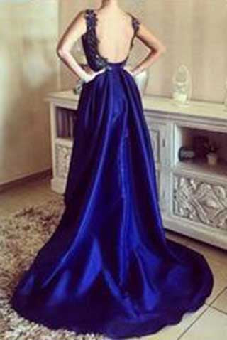 Asymmetrical Appliques Lace High Low Backless Royal Blue Prom Dress