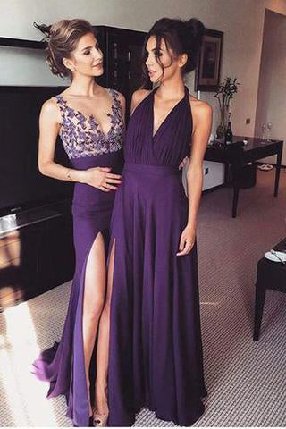 Elegant Long Formal Dres Purple A-Line V-Neck Slit Prom Dress