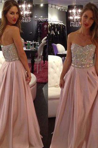 Sweetheart Pale Pink Strapless A Line Sparkly Beaded Long Prom Dress