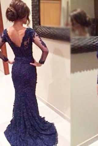 Mermaid V-Neck Navy Blue Long Sleeves Lace Appliques Prom Dress