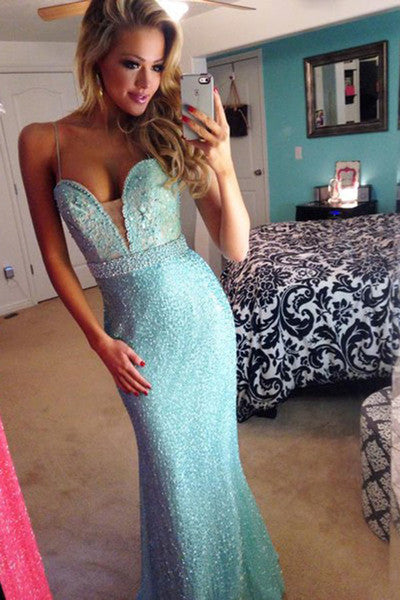 Sexy Light Blue Beading A Line Spaghetti Straps Long Prom Dress