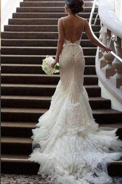 Sexy Mermaid Spaghetti Straps Backless Lace Tulle Open Back Long Wedding Dress