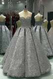Sweetheart Gray Sleeveless Long Sequins Strapless Ball Gown Shiny Winter Prom Dresses uk PM575