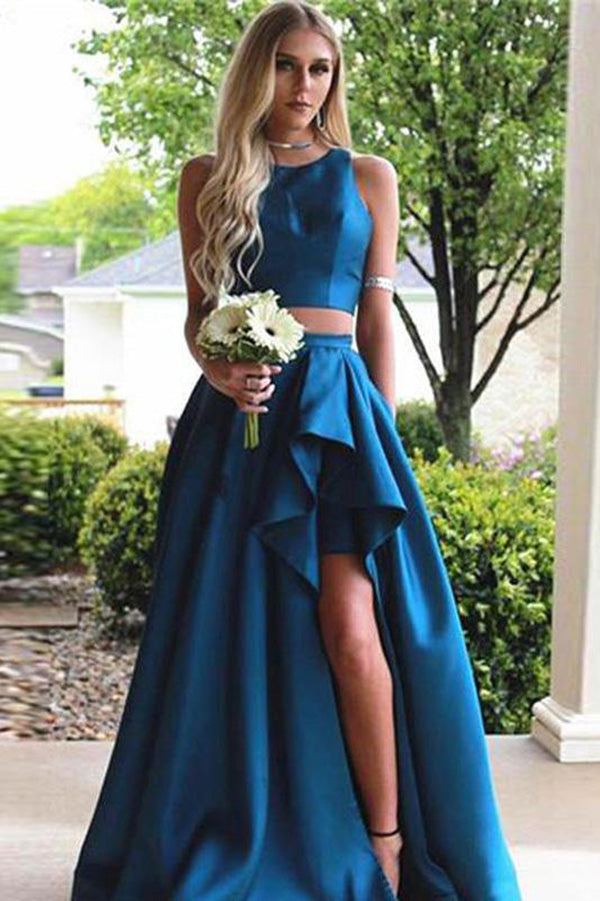 Simple Vintage Two Pieces A-line Blue Sleeveless Slit Long Scoop Woman Evening Dresses uk PH232
