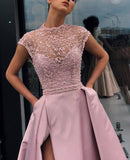 Charming High Neck Beading Satin Pink Cap Sleeves Prom Dress with Split Dance Dress P1368