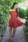 Stylish Gorgeous A-Line Off-Shoulder Red Lace Short Cute Mini Homecoming Dress PM195