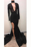 Satin Fabulous Black Halter Deep V-neck Long Sleeve Split Sexy Prom Dresses UK PH469
