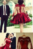 Wine Red High Neckline Long Sleeves Backless Lace Short Prom Dress