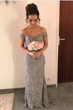 New Arrival Off The Shoulder Grey Beads Backless Mermaid Long Prom Dresses UK PH427