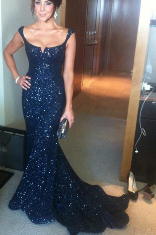Gorgeous Mermaid Off-the-Shoulder Lace Navy Blue Sequins Sweetheart Prom Dresses uk PM600