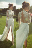 Gorgeous High Neck Long Sleeve See Through Lace Top Side Slit Ivory Chiffon Wedding Dress PM625
