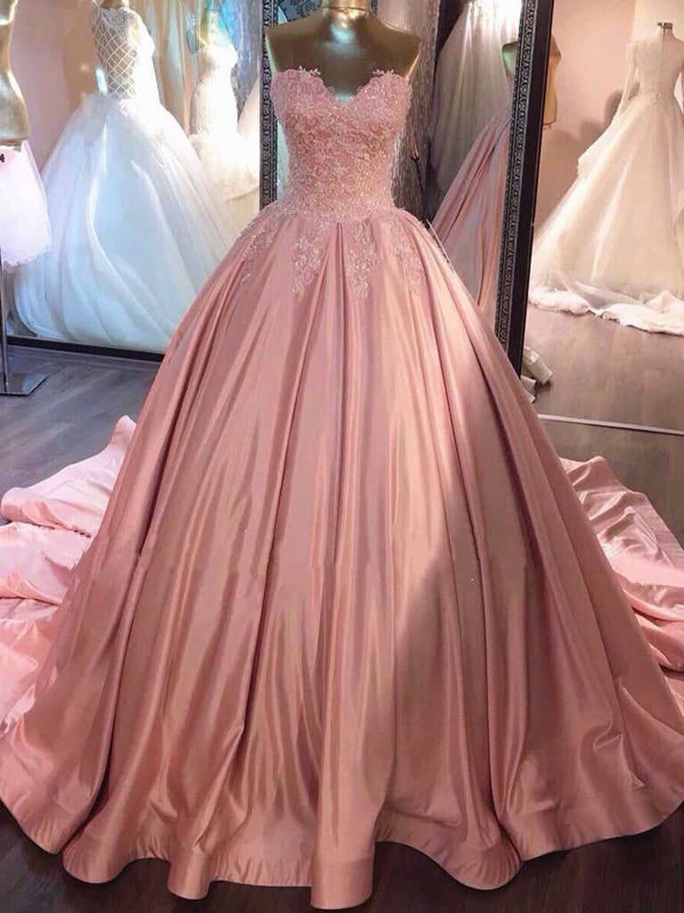 Ball Gown Pink Strapless Appliques Sweetheart Sweep Train Satin Evening Dresses uk PM775