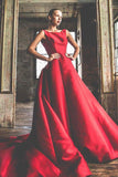 Elegant A-Line Red Simple Cheap Round Neck Cap Sleeve Backless Long Prom Dresses UK PH488