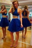 Two Piece Royal Blue Tulle Backless Cocktail Homecoming Dress with Beaded PM455