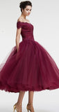 Vintage Princess Off the Shoulder Tea Length Ball Gown Scoop Burgundy Homecoming Dress PM860